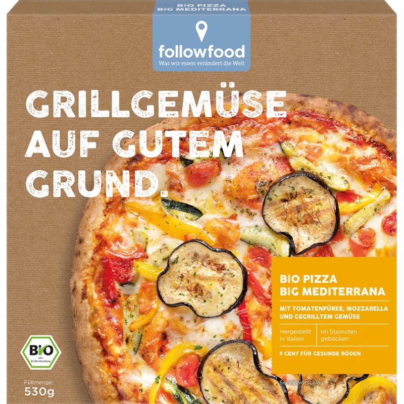 followfood Big Bio Pizza Mediterrana mit Mozzarella, gegrilltem Gemüse und Tomaten, tiefgekühlt. Produziert in Italien. - Produktbild