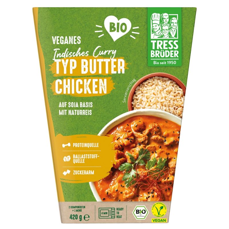 Tress Brüder veganes Bio Curry Typ Butter Chicken auf Basis von Soja mit Naturreis - Produktbild