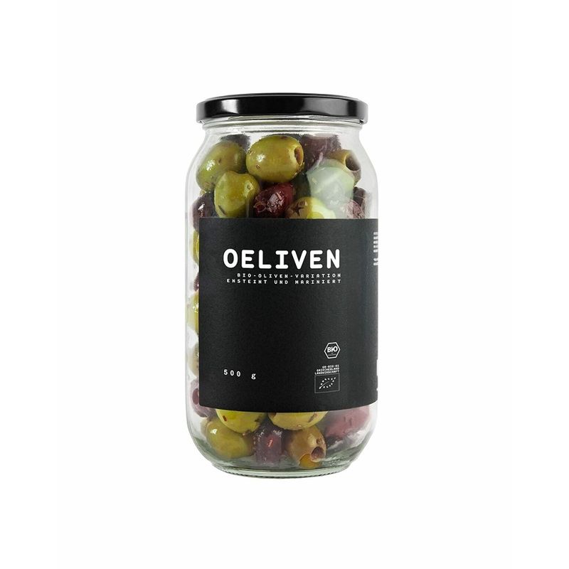 OEL  OELIVEN - biozertifizierte Grüne Oliven und Kalamata-Oliven. Veredelt mit Olivenöl , Meersalz, Oregano, Thymian, Rosmarin - Produktbild
