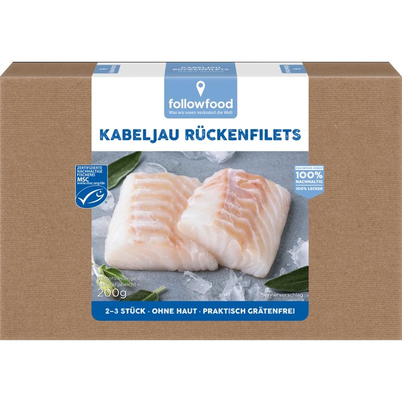 followfood 2- 3 Kabeljau Rückenfilet-Portionen, ohne Haut, praktisch grätenfrei, tiefgekühlt mit Wasserschutzglasur - Produktbild