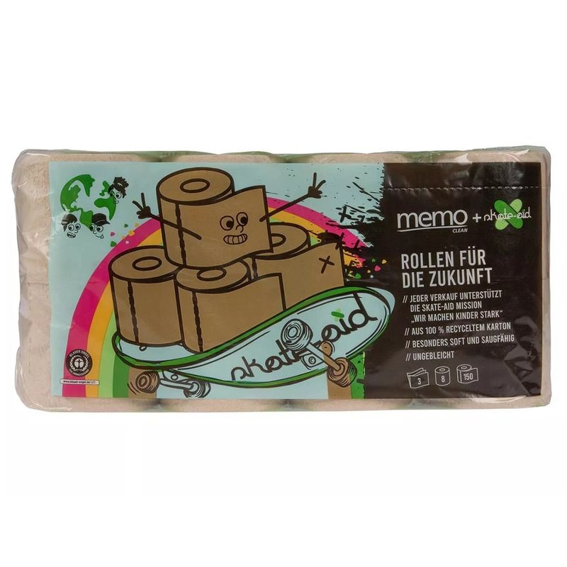 memo memo Toilettenpapier "skate-aid" 3-lagig aus Kartonage (150 Blatt), 8 Rollen - Produktbild