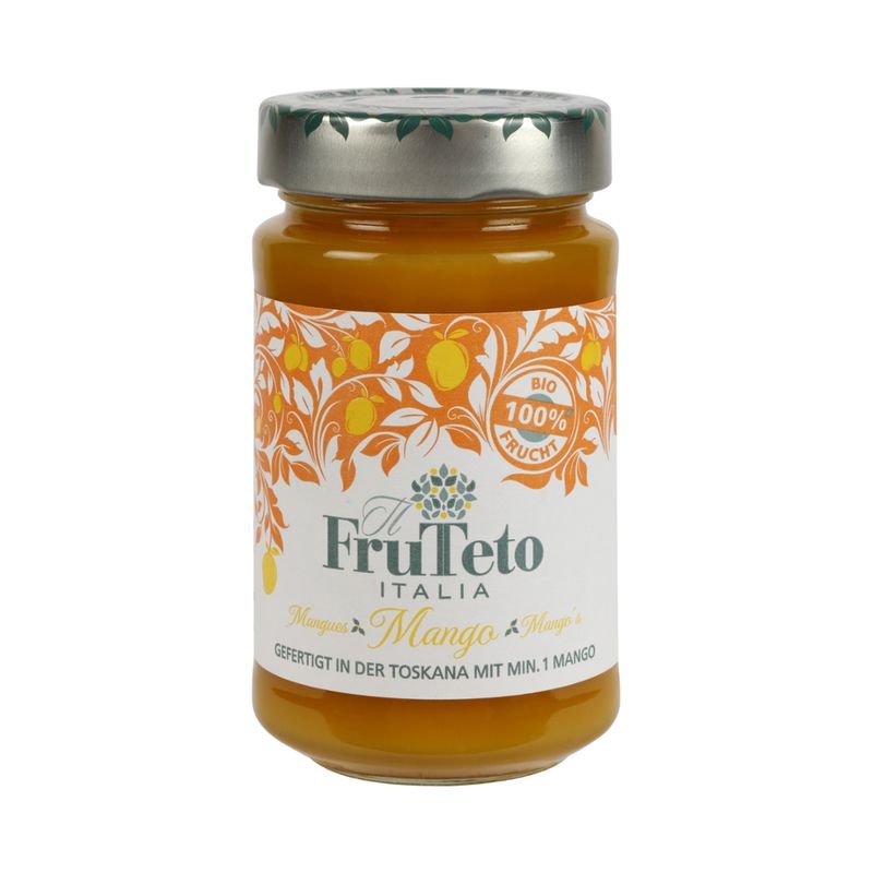 FruTeto Italia FruTeto Italia 100% Mango Bio-Fruchtaufstriche 250g. Fruchtanteil 100%. Zubereitet nur mit Früchten, ohne Pektin, ohne Rohrzucker, ohne Konservierungsstoffe. Schmeckt nach Frucht pur frisch gepflückt. - Produktbild