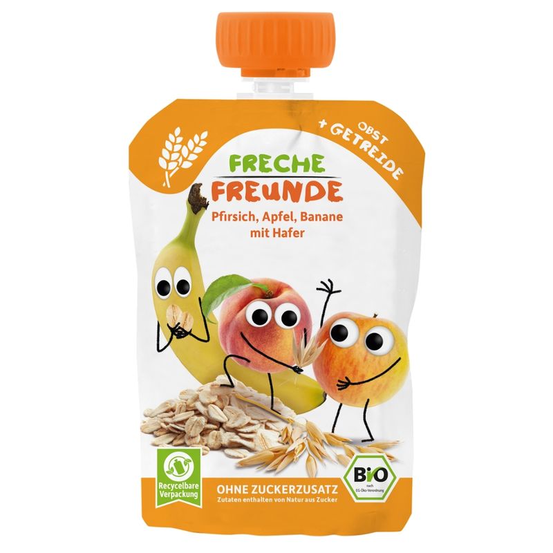 Freche Freunde Freche Freunde Bio Quetschie Pfirsich, Apfel, Banane mit Hafer - Produktbild