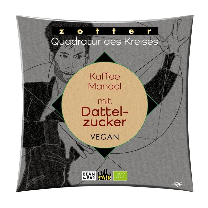Zotter Schokolade Quadratur des Kreises-  Kaffee Mandel mit Dattelzucker - Produktbild