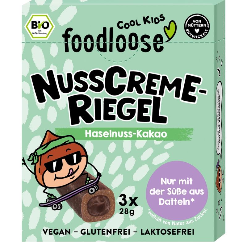 foodloose COOL KIDS Bio-Nusscreme-Riegel Haselnuss-Kakao (3er Pack), vegan, glutenfrei, laktosefrei - Produktbild