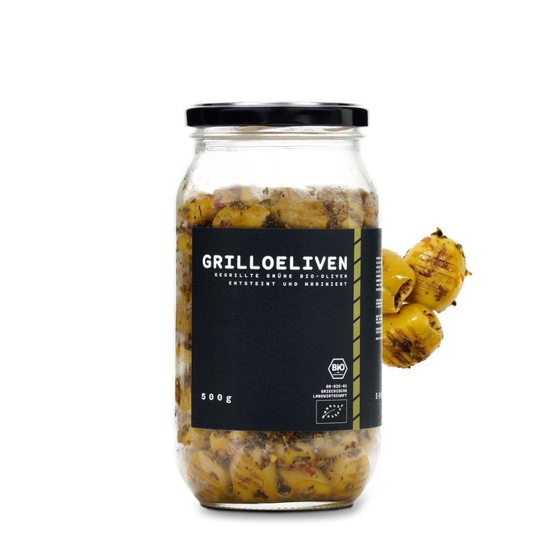 OEL  GRILLOELIVEN - gegrillte biozertifizierte Chalkidiki-Oliven ( 95% ). Veredelt mit nativem Olivenöl , Meersalz, Essig, Knoblauch, Bukovo, Thymian, Rosmarin, Basilikum, Oregano - Produktbild