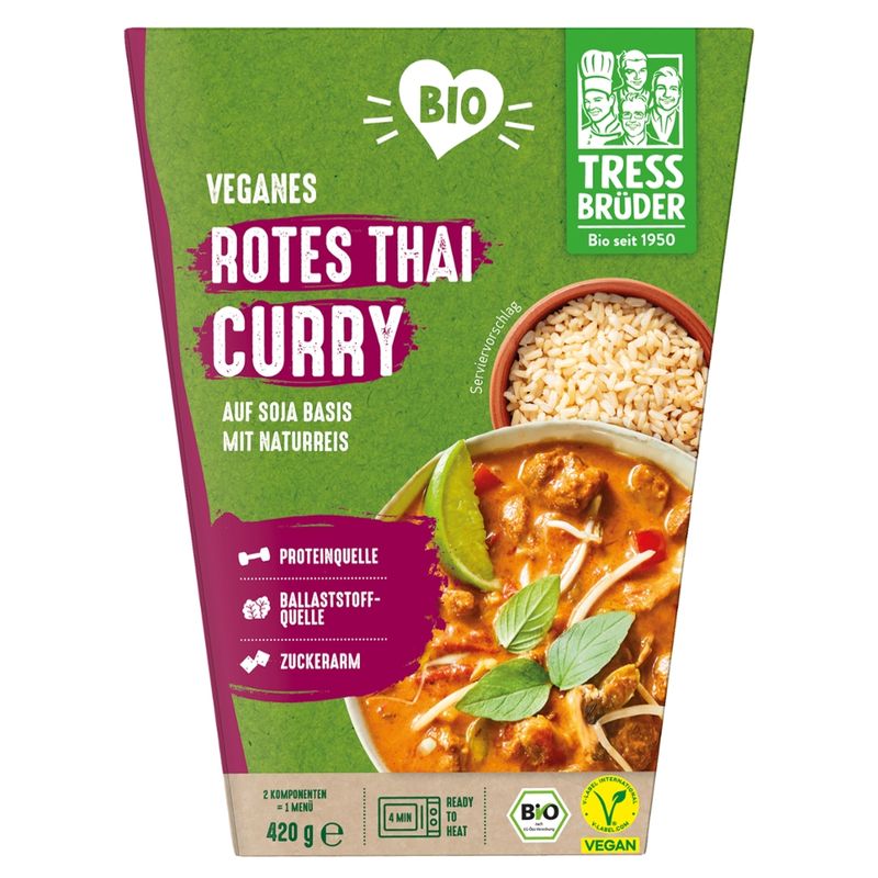 Tress Brüder veganes Bio Rotes Thai Curry mit gebratenem Fleischersatz aus Soja mit Naturreis - Produktbild