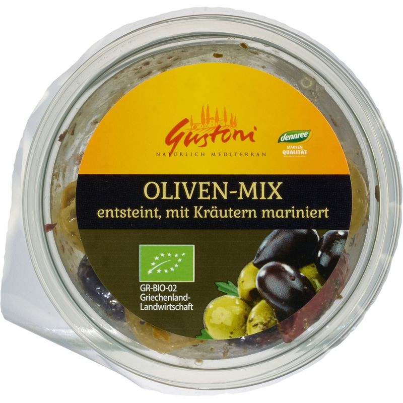 Gustoni Oliven-Mix entsteint, mit Kräutern mariniert - Produktbild