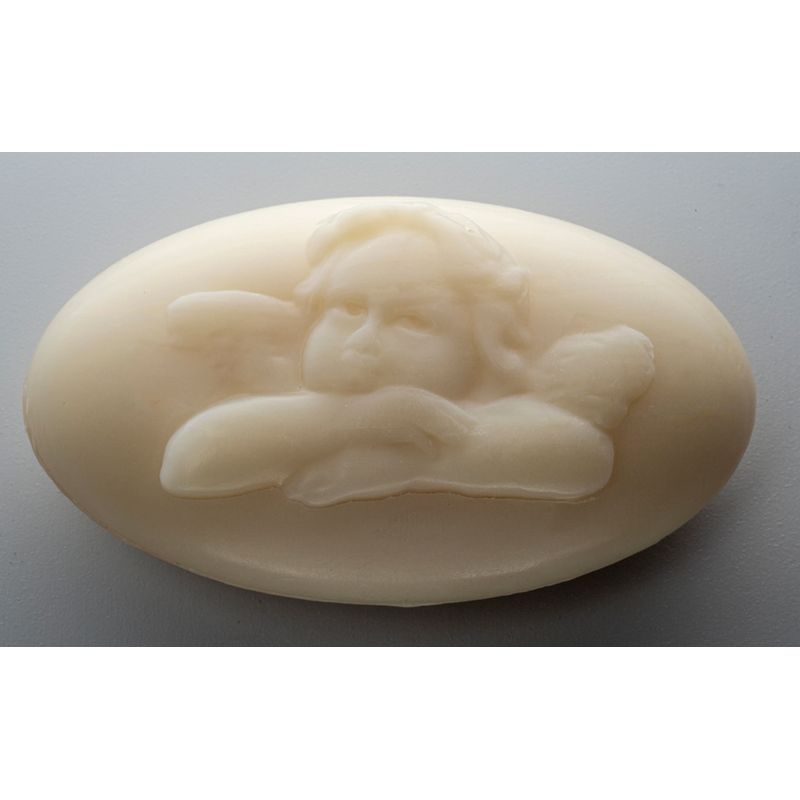 Saling Schafmilchseife Engel oval natur im Verkaufsdisplay mit Papiertütchen - Produktbild