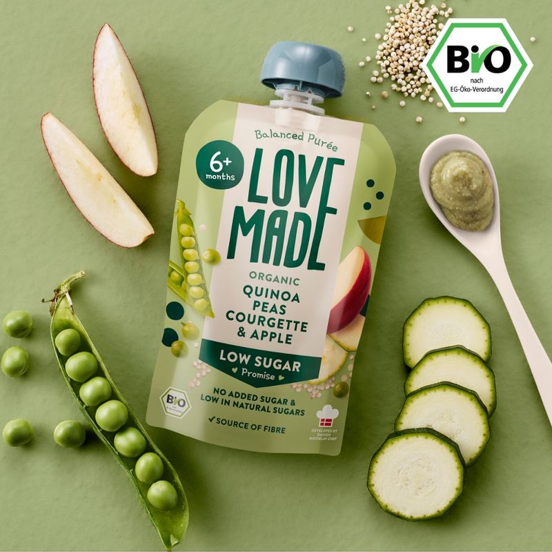 LoveMade Organics Bio Zwischenmahlzeit mit Erbsen, Zucchini, Apfel und Quinoa 6+ Monaten - Produktbild