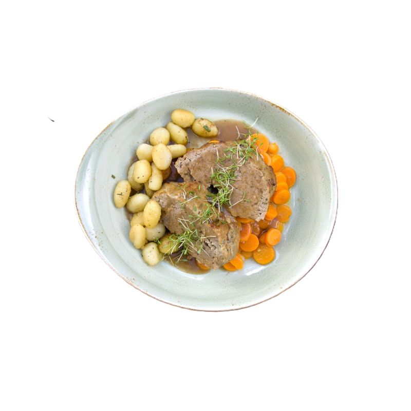 ALLERLIEBE Bio Hackbraten Menü:  Bärlauch-Hackbraten, Rosmarin Gnocchi, Buttermöhren mit Sauce 2.000g - für 4 Personen á 500g - Produktbild