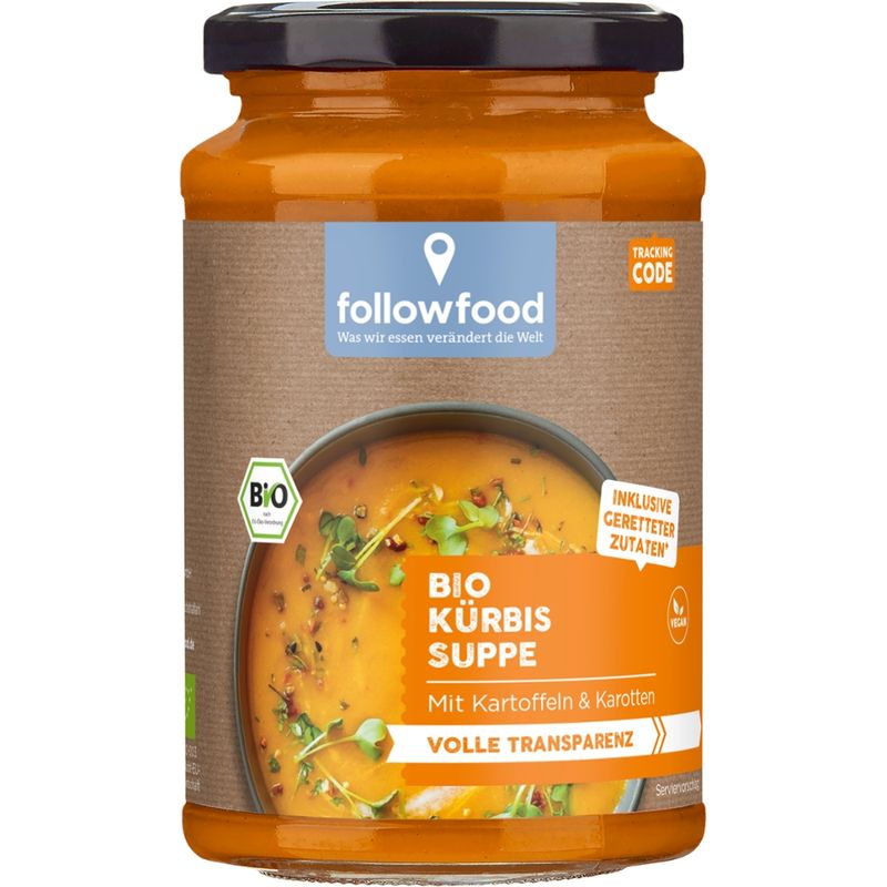 followfood Bio Kürbissuppe mit Karotten und Kartoffeln vegan, inklusive geretteter Zutaten - Produktbild