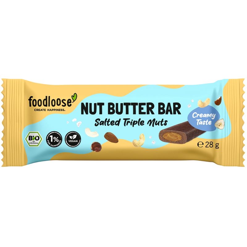 foodloose Bio-Nut Butter Bar Salted Triple Nuts von foodloose, vegan, glutenfrei, laktosefrei - Produktbild