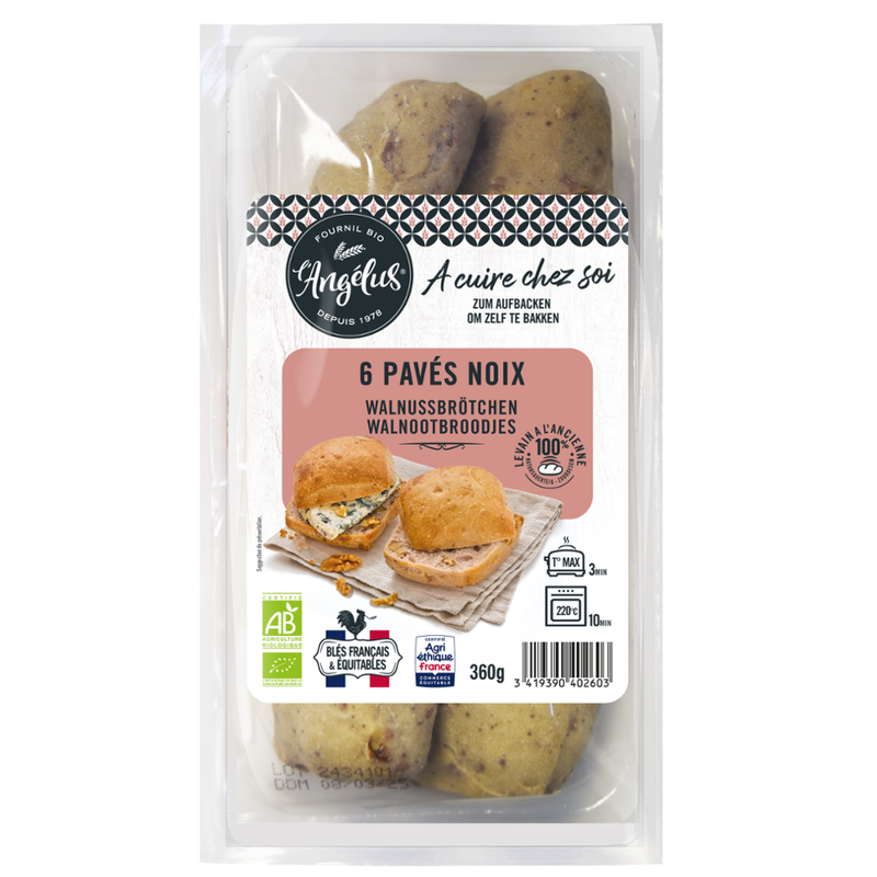 L'Angélus Walnussbrötchen 6x60g zum Aufbacken. Brötchen mit Sauerteig, ohne Hefe, sanftes Kneten, lange Teigführung und Backen im  Steinofen - Produktbild