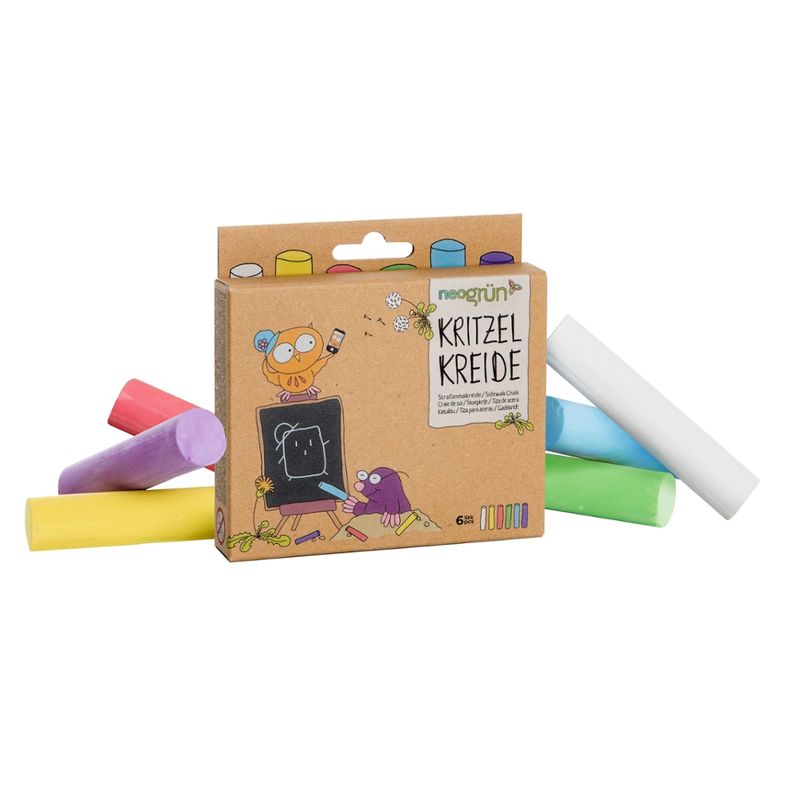 neogrün Kritzelkreide - Bunte Straßenmalkreide - 6 Farben - weiß, gelb, rot, grün, blau, violett - Produktbild
