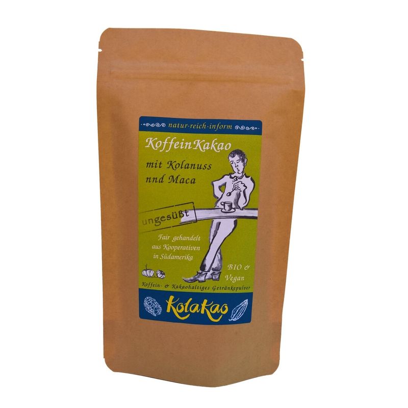KolaKao KolaKao mit Maca, ungesüßt - der KoffeinKakao mit 50% koffeingebender Kolanuss und 15% mobilisierender Macaknolle. Das Getränkepulver ohne Zuckerzugabe mit schwach entöltem Criollo-Edelkakao aus Atalaya, mit einer Spur Tonka und Meersalz vollendet. - Produktbild
