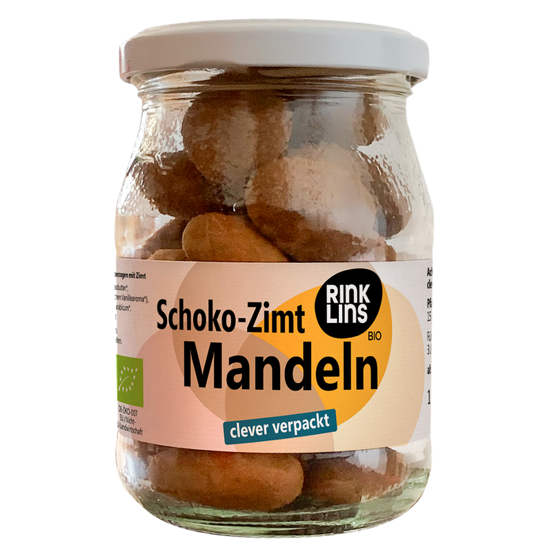 RINKLINS BIO Schoko-Zimt Mandeln clever verpackt im Pfandglas - Produktbild