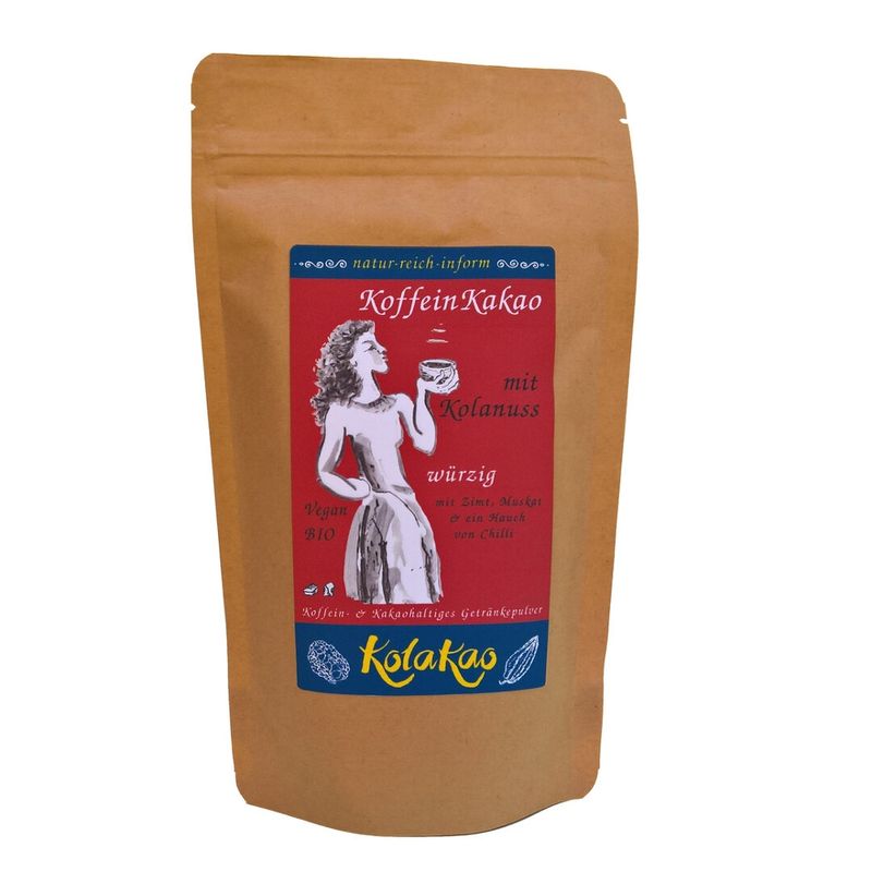 KolaKao KolaKao würzig - der KoffeinKakao mit 40% Kolanuss als Koffeinquelle, schokoladig mit edlem peruanischem Kakao (schwach entölt), gewürzt mit Zimt, Chilli & Muskat, dezent gesüßt. Das Getränkepulver ist Vegan, Kakao und Kolanuss sind Fair gehandelt. - Produktbild