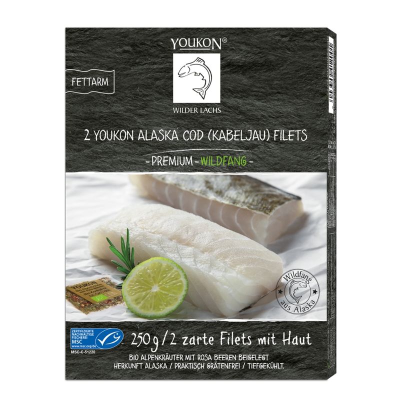 Youkon Wilder Lachs  Youkon Alaska COD (Kabeljau) Filets mit Haut - Premium - Wildfang - 250 g/2 zarte Filets mit beigelegter Bio-Alpenkräuter Mischung mit Bio rosa Beeren und Meersalz, MSC-zertifiziert. - Produktbild