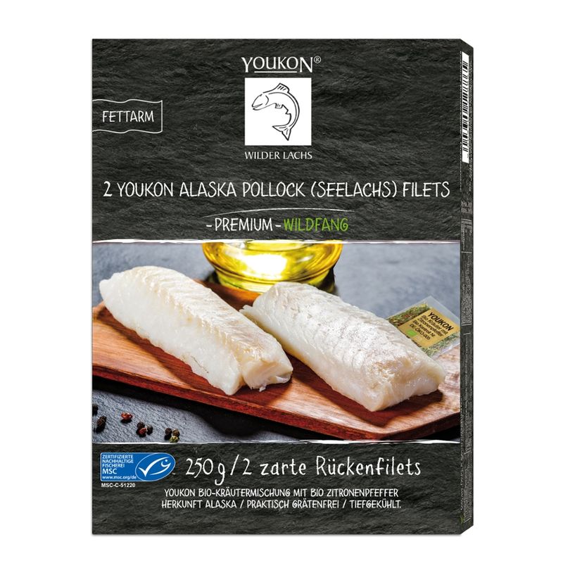 Youkon Wilder Lachs  Youkon Alaska Pollock (Seelachs) Filets 250 g (Gadus Chalcogrammus) 250 g/2 zarte Rückenfilets mit beigelegter Bio-Kräutermischung mit Bio-Zitronenpfeffer, MSC zertifiziert - Produktbild