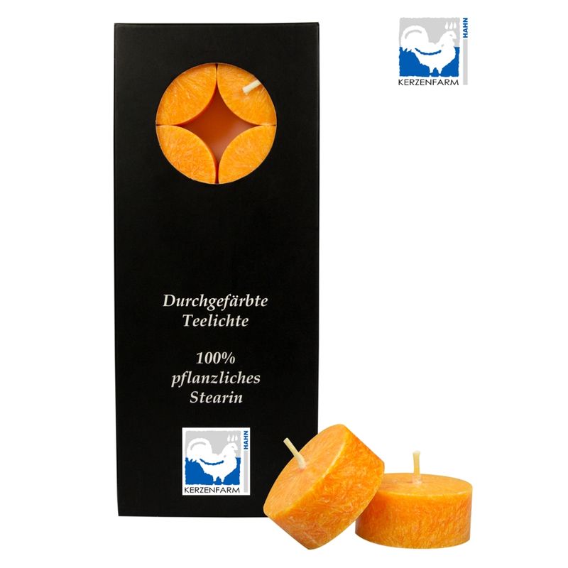 Kerzenfarm Hahn Stearin-Teelicht, 10 Stück, ohne Aluhülle, orange, zur Verwendung im Glas - Produktbild