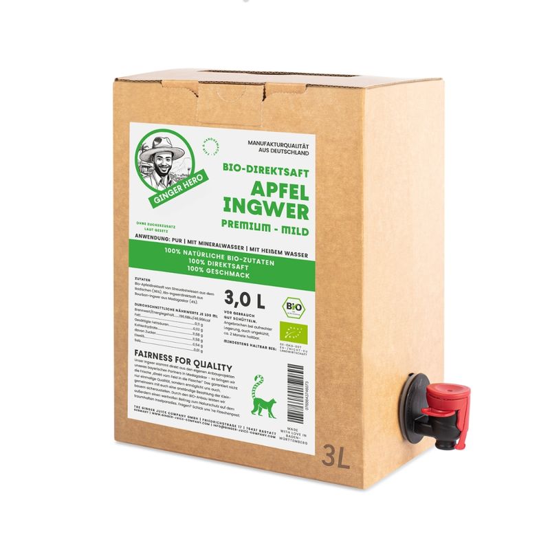 GINGER HERO Bio Apfel-Ingwer premium MILD 3l, Äpfel von badischen Streuobstwiesen, Bourbon-Ingwer aus Madagaskar - Produktbild