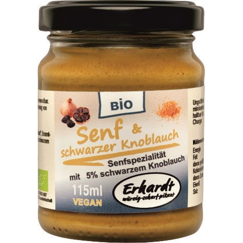 Erhardt würzig • scharf • pikant Bio Senf&schwarzer Knoblauch (5%) 115ml - Produktbild