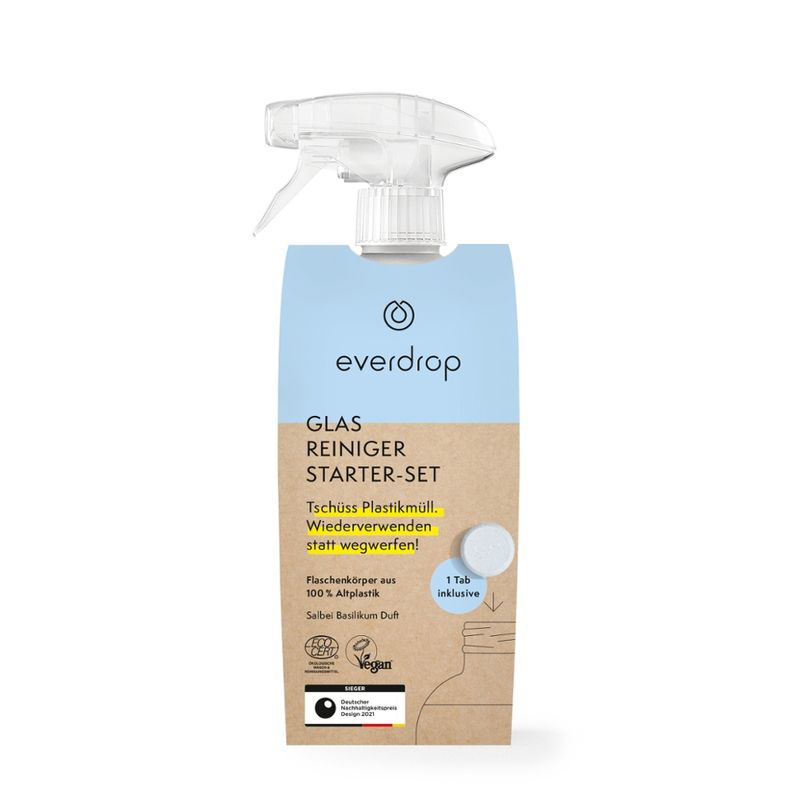 everdrop everdrop Glasreiniger Starter Set Ecocert zertifiziert, zur Erstellung von 500ml Glasreinigungsmittel (Inhalt: 1 x Mehrwegkunststoffflasche und 1 x Glasreiniger Tab à 4g zum Auflösen) - Produktbild
