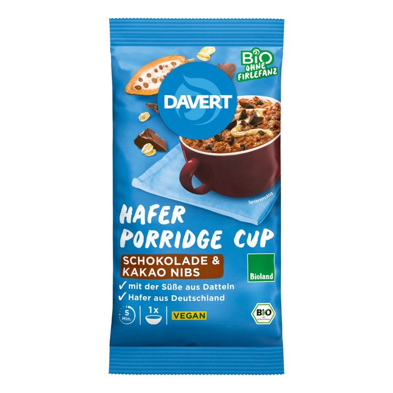 Davert Porridge-Cup Schokolade & Kakao Nibs Bioland 65g - Produktbild