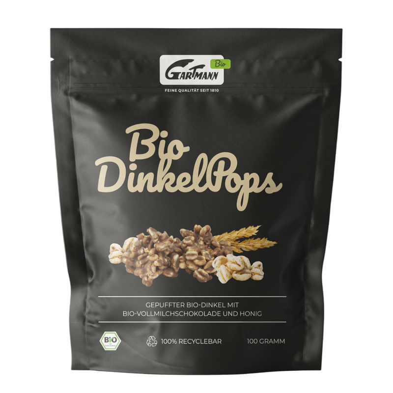 Gartmann Unsere neuen Bio Dinkel Pops - ein Muss für jeden Cerealienliebhaber! Leckere Dinkel Pops umhüllt mit zarter Vollmilchschokolade, die Kombination aus knusprig und zart schmelzend, ein Traum für alle Schokoladenfans! - Produktbild