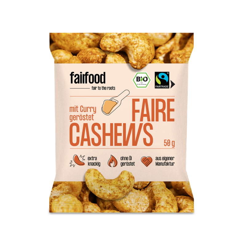 fairfood Freiburg Faire Cashews mit Curry geröstet (50g Snackbag) - Produktbild