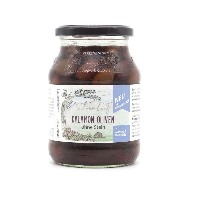 Silver leaf Kalamon Oliven im Pfandglas, in Salzlake, ohne Stein (500 g) - Produktbild