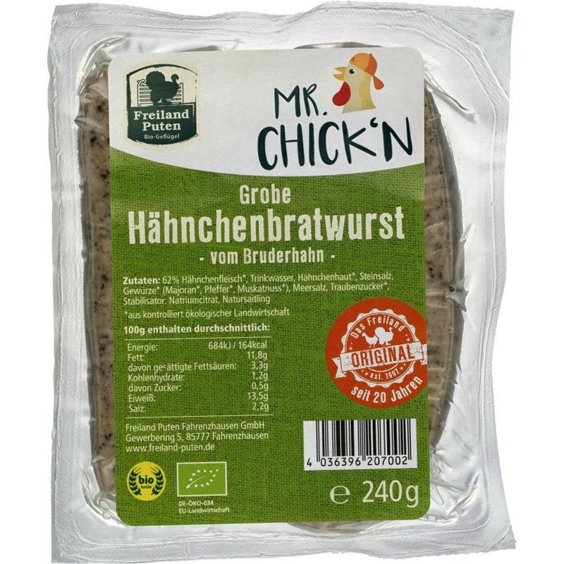 Freiländer Bio Geflügel Grobe Hähnchenbratwurst vom Bruderhahn, Bio, 240g, vac. 3er Gebinde - Produktbild