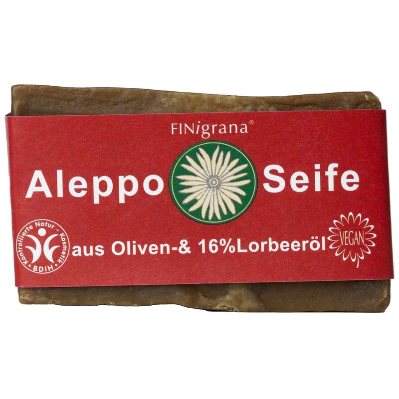 FINigrana® Naturkosmetik FINigrana Aleppo Olivenseife mit 16% Lorbeeröl,  180g traditionell handgeschnitter Naturblock,  milde Pflanzenseife für alle Hauttypen - Produktbild