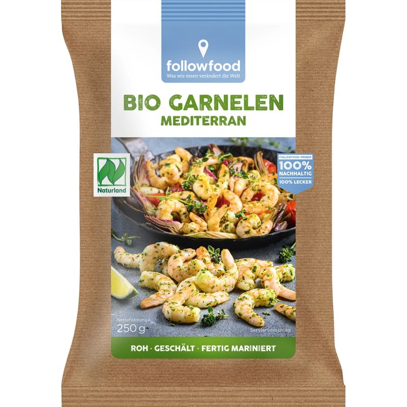 followfood Bio-Garnelen, roh, ohne Kopf, geschält, entdarmt in Kräuter-Knoblauch-Marinade, tiefgekühlt. - Produktbild