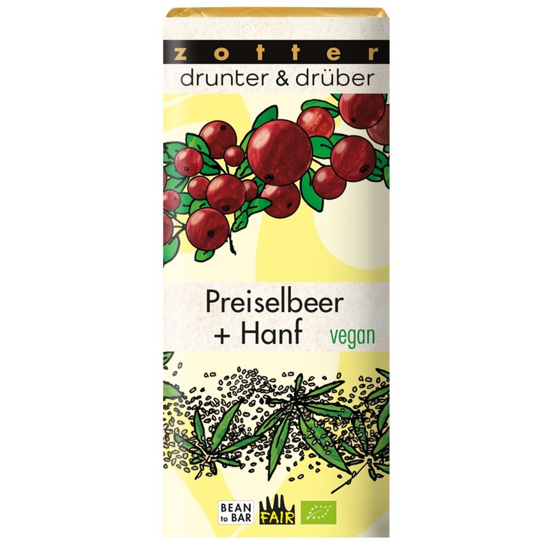 Zotter Schokolade drunter & drüber Preiselbeer + Hanf VEGAN - Produktbild