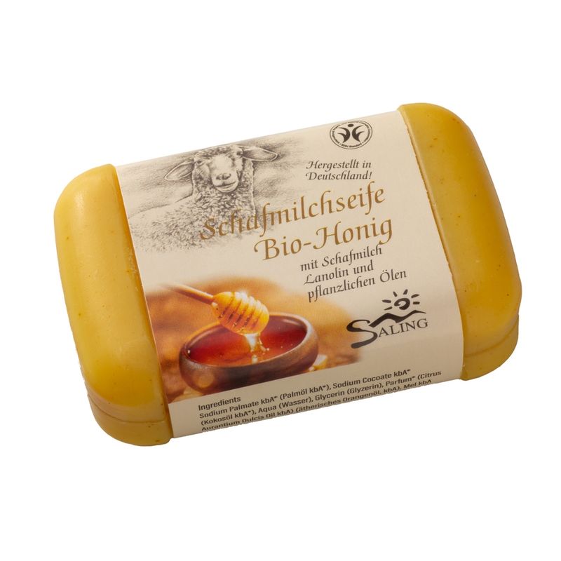 Saling Schafmilchseife Bio-Honig, 100g Stück mit Banderole im Verkaufsdisplay, BDIH zertifiziert - Produktbild