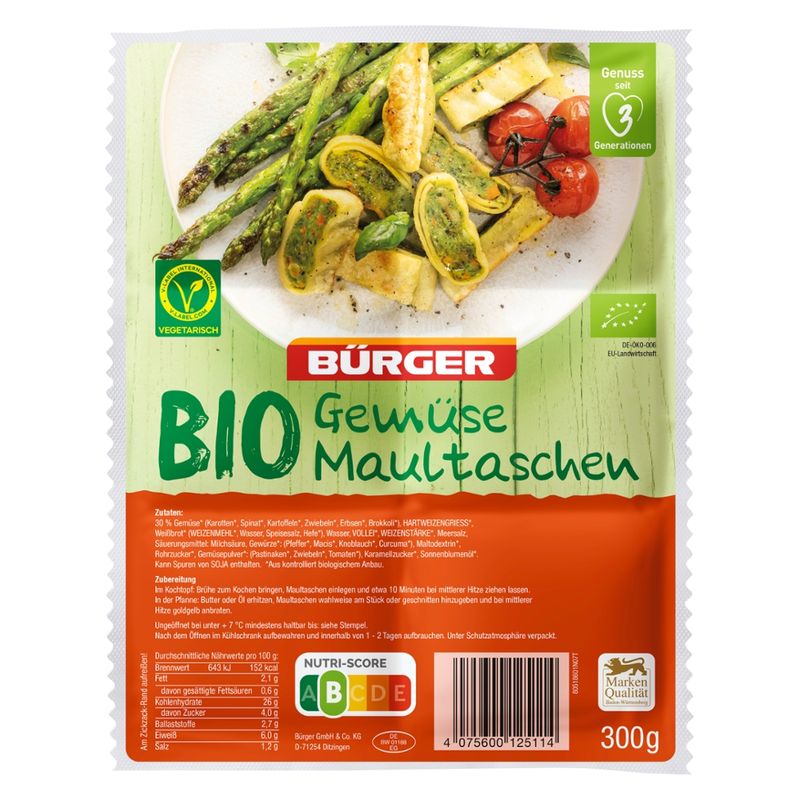BÜRGER  Die BIO-Gemüsemaultaschen zeichnen sich durch eine verlockende Gemüsemischung aus Karotten, Spinat, Erbsen, Brokkoli und Kartoffeln aus. Die Zutaten stammen aus kontrolliert biologischem Anbau und tragen das Zertifikat der Kontrollstelle DE-ÖKO-006. - Produktbild