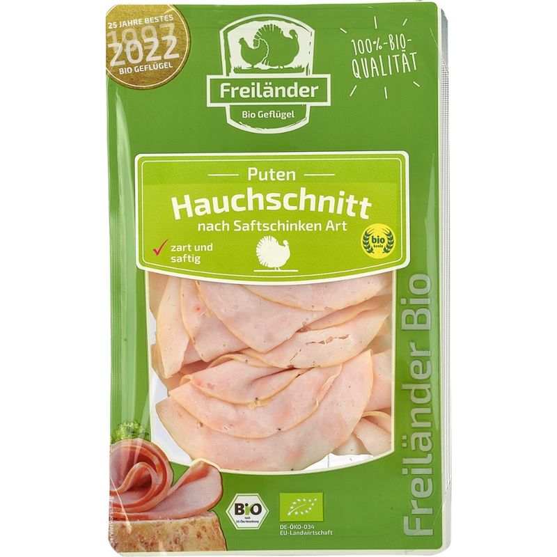 Freiländer Bio Geflügel Puten-Aufschnitt nach Saftschinken Art, hauchfein, Bio, frisch, 70g, 3er Gebinde, MAP - Produktbild