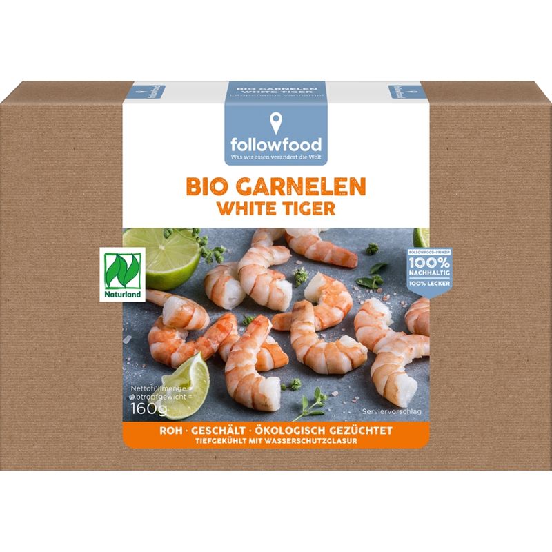 followfood Bio-Garnelen White Tiger, roh, ohne Kopf, geschält, tiefgekühlt mit Wasserschutzglasur, einzeln entnehmbar - Produktbild