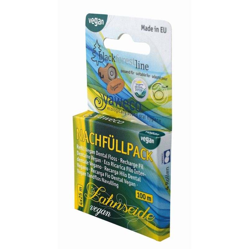 yaweco Nachfüllpack Vegane Zahnseide aus PLA, pflanzlich gewachst. Ohne Aroma. 100 m (4 Rollen à 25 m). Palmölfrei und biologisch abbaubar. - Produktbild