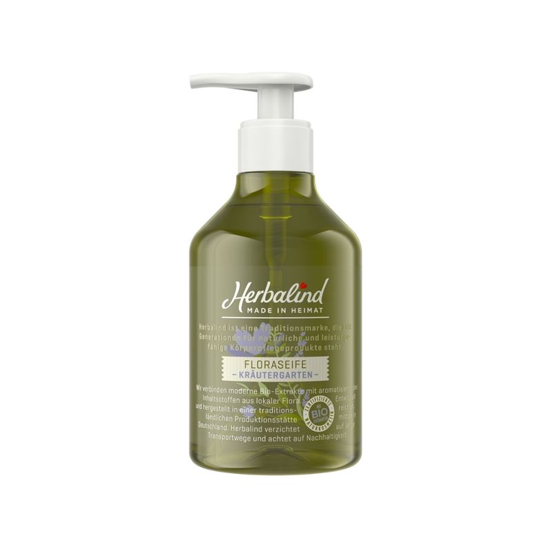 Herbalind Floraseife Kräutergarten Aromatisches Dufterlebnis nach Kräutern, Rosmarin und einem Hauch Lavendel. BETAINE AUS EU-ZUCKERRÜBEN: Wirkt regenerierend auf den Feuchtigkeitshaushalt. - Produktbild