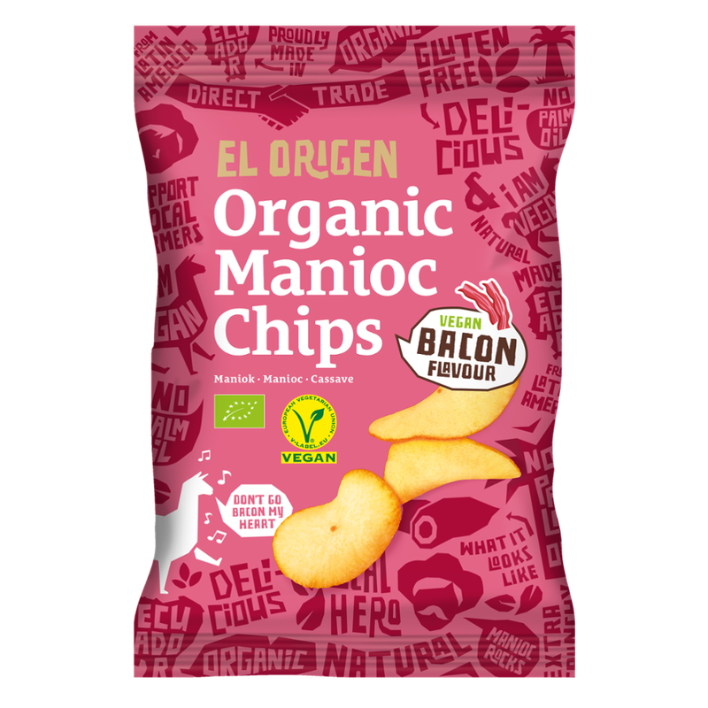 el origen el origen Bio Maniok Chips mit veganem Bacon-Geschmack, 60 g – aus direct trade, bio-zertifiziert, vegan, ohne Palmöl, glutenfrei, ohne Zusätze. - Produktbild