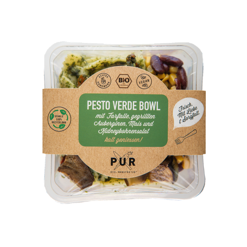 PUR Bio-Manufaktur PUR Pesto Verde Bowl mit Farfalle, gegrillten Auberginen, Mais und Kidneybohnen (to go) - Produktbild