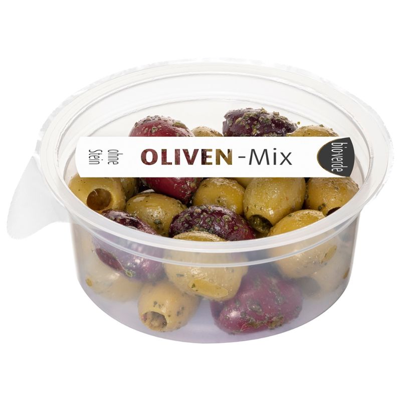 bio-verde Prepack Oliven-Mix ohne Stein mariniert mit frischen Kräutern 80 g - Produktbild