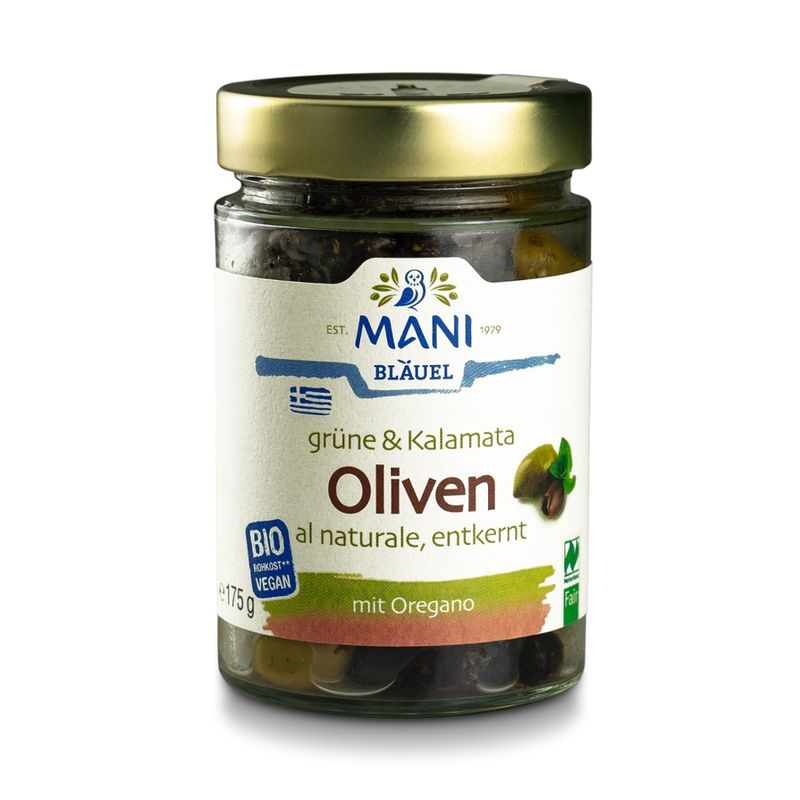 MANI® MANI Grüne & Kalamata Oliven al naturale, entkernt, bio, NL Fair - Produktbild