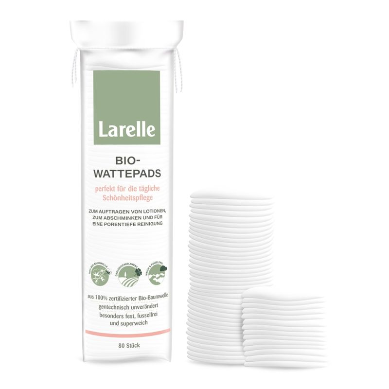 Larelle Bio-Wattepads 80 Stück aus 100% zertifizierter Bio-Baumwolle, gentechnisch unverändert, besonders fest, fusselfrei, superweich - Produktbild