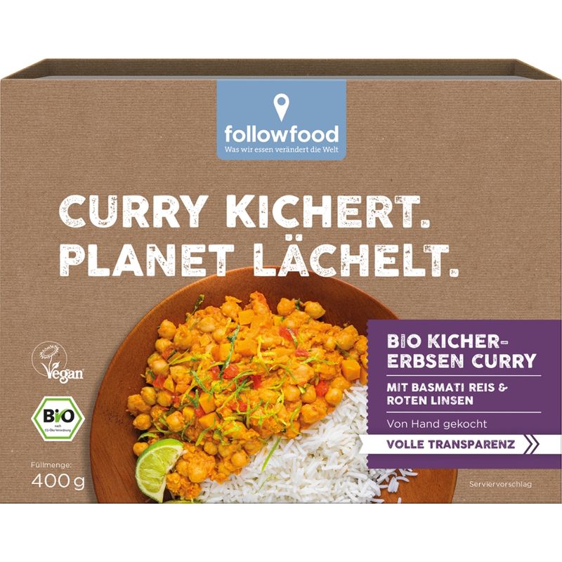 followfood Kichererbsen Curry mit Basmati-Reis und roten Linsen, vorgegart und tiefgekühlt. - Produktbild