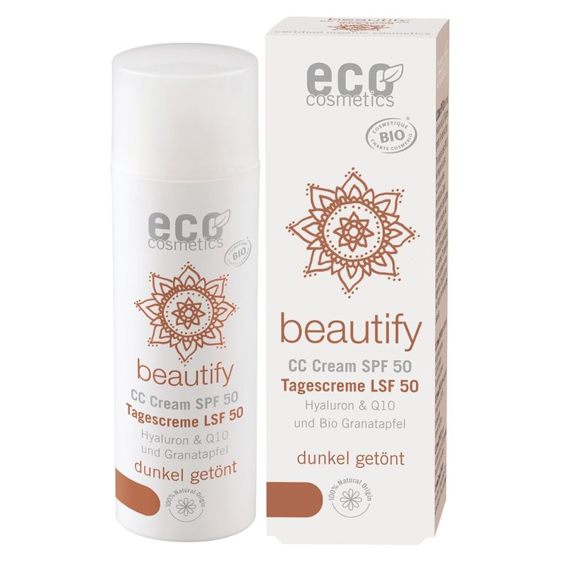eco cosmetics beautify CC Creme LSF 50 dunkel getönt mit Hyaluron, Q10 und Bio Granatapfel - Produktbild