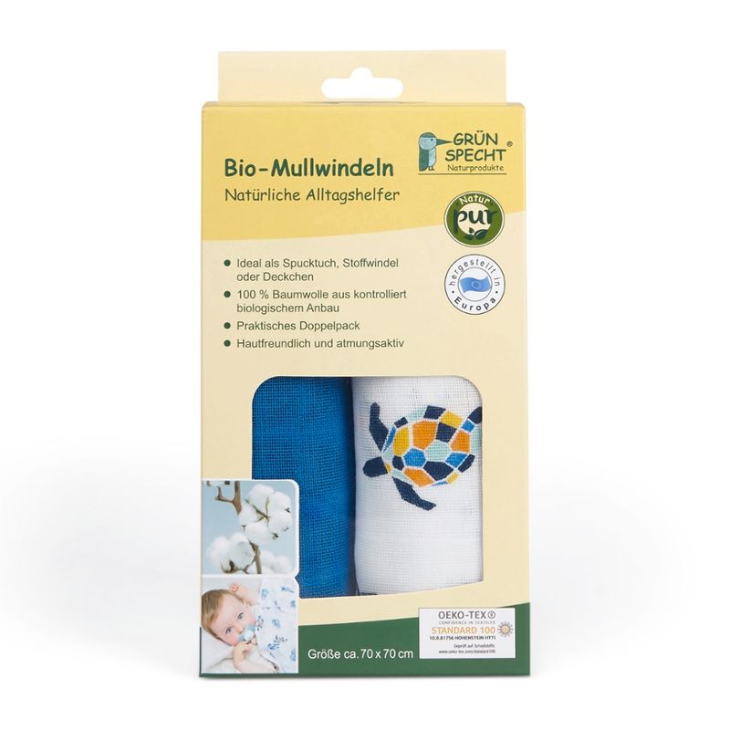 GRÜNSPECHT Naturprodukte Bio-Mullwindeln 2er Pack, 70x70 cm, 100% Baumwolle (kbA), hergestellt in Deutschland - Produktbild